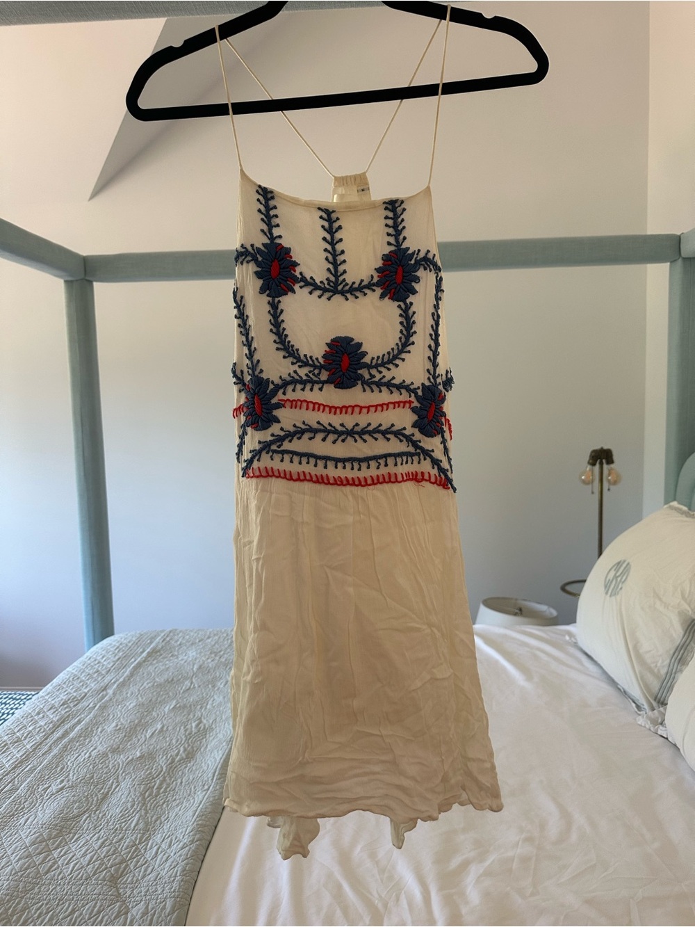 Piper Cream Mini Dress with Blue & Red Embroidery